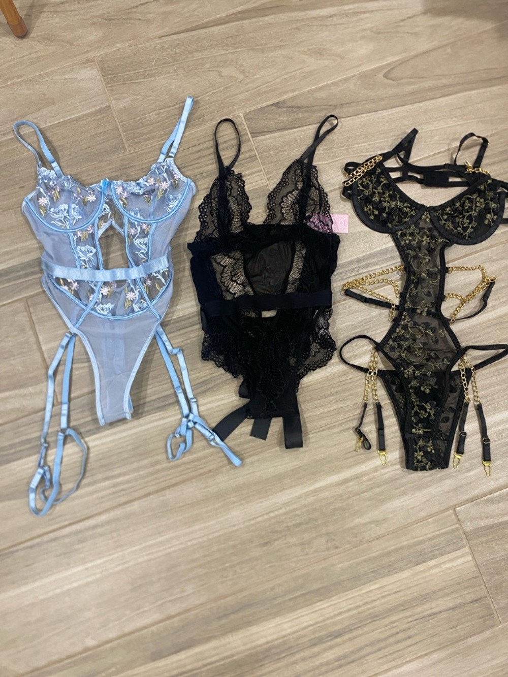 Three Lace Bodysuits - Blue, Black, Black/Gold Embroidered Bundle
